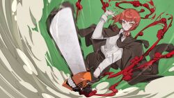 Rule 34 | black necktie, black pants, blood, blood halo, braid, braided ponytail, business suit, chainsaw, chainsaw man, collared shirt, dust cloud, formal, freakedfleapit, green background, high-waist pants, holding, holding chainsaw, liquid halo, makima (chainsaw man), necktie, pants, pull cord, red hair, shirt, shirt tucked in, standing, suit, weapon, wind, yellow eyes