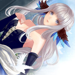 Rule 34 | 1girl, bare shoulders, bird, blue eyes, blunt bangs, breasts, colored eyelashes, cross-laced clothes, cross-laced dress, dress, facing viewer, feathered wings, gwendolyn (odin sphere), hand on own chest, head wings, ich., light smile, lips, long hair, looking at viewer, medium breasts, multicolored wings, multiple wings, no choker, odin sphere, pink lips, sideboob, sleeveless, sleeveless dress, solo, strapless, strapless dress, white bird, white hair, wings
