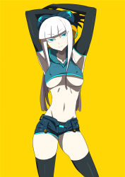 Rule 34 | 1girl, alternate costume, aqua eyes, armpits, arms up, black thighhighs, blue eyes, borrowed character, breasts, bursting breasts, colored eyelashes, covered erect nipples, crop top, elbow gloves, electro emilia, eyelashes, gloves, groin, hair ornament, hairpods, head tilt, headgear, highres, large breasts, long hair, midriff, naughty face, navel, neon trim, no bra, original, sharekoube, short shorts, shorts, sidelocks, simple background, smile, solo, standing, thighhighs, underboob, white hair, yellow background, zettai ryouiki