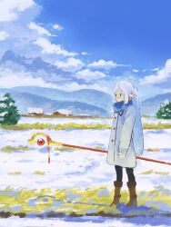 Rule 34 | 1girl, blue scarf, blue sky, boots, brown footwear, cloud, coat, commentary, day, earrings, elf, english commentary, frieren, grass, highres, jewelry, long hair, long sleeves, mountain, outdoors, pantyhose, pointy ears, scarf, scenery, sky, snow, solo, sousou no frieren, standing, theta (theta456697010), tree, white coat, white hair, wide shot, winter clothes
