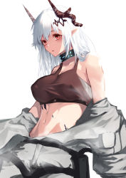 Rule 34 | 1girl, absurdres, arknights, bare shoulders, breasts, commentary request, crop top, highres, horns, infection monitor (arknights), large breasts, long hair, looking at viewer, midriff, mudrock (arknights), mudrock (elite ii) (arknights), navel, off shoulder, parted lips, pointy ears, red eyes, sarashi, silver hair, simple background, solo, sports bra, stomach, white background, xiaobei