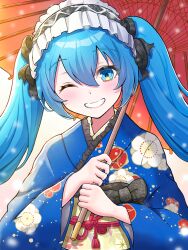Rule 34 | 1girl, blue eyes, blue hair, blush, bow, grin, hair bow, hairband, hatsune miku, highres, holding, holding umbrella, japanese clothes, kimono, lolita hairband, long hair, long sleeves, looking at viewer, oil-paper umbrella, one eye closed, smile, snowing, solo, twintails, umbrella, upper body, uzuki sena, vocaloid