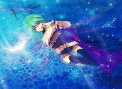 Rule 34 | 1girl, antennae, bad id, bad pixiv id, black thighhighs, cape, corset, female focus, finger to mouth, green eyes, green hair, looking at viewer, lying, matching hair/eyes, partially submerged, short hair, solo, thighhighs, touhou, umasi, water, wriggle nightbug
