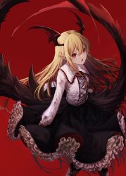 1girl :d bat_wings black_skirt blonde_hair commentary cowboy_shot fang flower frilled_shirt_collar frilled_skirt frills granblue_fantasy hair_between_eyes head_wings highres long_hair long_sleeves looking_at_viewer open_mouth pointy_ears red_background red_eyes red_flower red_rose rose shirt simple_background skirt smile solo vampire vampy white_shirt wings yagi_(yagi5art)