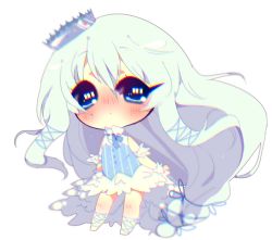 Rule 34 | 1girl, aqua hair, black eyes, blue dress, blue ribbon, blue string, blush, chariko, chibi, chromatic aberration, commentary, commission, crown, dress, english commentary, full body, hair between eyes, hair ribbon, knee blush, nose blush, ribbon, silver, simple background, solo, striped clothes, striped dress, transparent background, white background