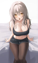 Rule 34 | 1girl, black shorts, blush, breasts, brown pantyhose, candy, chocolate, chocolate heart, cleavage, collarbone, food, grey hair, hair between eyes, heart, highres, honkai: star rail, honkai (series), large breasts, long hair, looking at viewer, melt (melt out1), mouth hold, navel, pantyhose, shorts, sitting, solo, stelle (honkai: star rail), trailblazer (honkai: star rail), yellow eyes