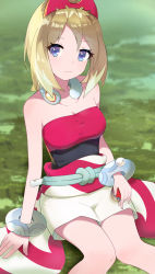 Rule 34 | 1girl, az30317481, blonde hair, blue eyes, bracelet, breasts, cleavage, closed mouth, collar, collarbone, commentary, creatures (company), eyelashes, game freak, grass, hairband, highres, holding, holding poke ball, irida (pokemon), jewelry, knees together feet apart, looking at viewer, medium hair, neck ring, nintendo, poke ball, poke ball (legends), pokemon, pokemon legends: arceus, red hairband, red shirt, sash, shirt, shorts, sitting, solo, strapless, strapless shirt