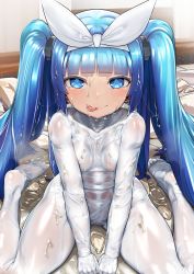 Rule 34 | 1girl, artist request, bad id, bad twitter id, blue eyes, blue hair, blunt bangs, blush, bodysuit, closed mouth, highres, indoors, nipako, nut (hardware), ribbon, see-through, slime (substance), smile, solo, suggestive fluid, tongue, tongue out, twintails, ultimate nipper, white bodysuit, white ribbon