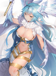 Rule 34 | 1girl, ahoge, areola slip, blue eyes, blue hair, breasts, cleavage, feather hair, gloves, granblue fantasy, highres, justice (granblue fantasy), large breasts, light smile, long hair, looking at viewer, looking down, naso4, navel, smile, solo, thighs, very long hair