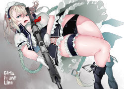 Rule 34 | 1girl, assault rifle, black panties, blonde hair, blue eyes, bow, bow panties, braid, braided bangs, commentary request, copyright name, frills, g36 (girls&#039; frontline), girls&#039; frontline, gloves, gun, h&amp;k g36, hair between eyes, heckler &amp; koch, holding, holding gun, holding weapon, iapoc, long hair, looking at viewer, maid, maid day, maid headdress, navel, open mouth, panties, puffy short sleeves, puffy sleeves, rifle, short sleeves, sidelocks, solo, underwear, very long hair, weapon, white gloves