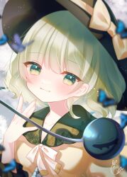 Rule 34 | 1girl, animal, black hat, blue butterfly, blush, bug, butterfly, buttons, cacao (cacaomgmg), closed mouth, collarbone, collared shirt, diamond button, green eyes, green hair, hat, hat ribbon, highres, insect, koishi day, komeiji koishi, ribbon, shirt, short hair, signature, smile, solo, third eye, touhou, upper body, yellow ribbon, yellow shirt