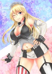 Rule 34 | 10s, 1girl, bad id, bad pixiv id, bare shoulders, blonde hair, blush, breasts, cleavage, curvy, elbow gloves, fingerless gloves, garter straps, gloves, highres, iowa (kancolle), kantai collection, large breasts, long hair, looking at viewer, midriff, miniskirt, navel, one eye closed, primamiya, purple eyes, skirt, smile, solo, star-shaped pupils, star (symbol), striped clothes, striped thighhighs, symbol-shaped pupils, thighhighs, wide hips, zettai ryouiki