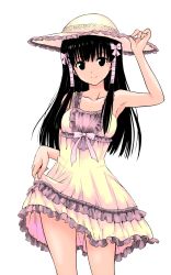 Rule 34 | 00s, 1girl, armpits, artist request, bare shoulders, black eyes, black hair, bow, clothes lift, dress, dress lift, female focus, frills, hair ornament, hat, highres, long hair, murasame oshizu, simple background, smile, solo, sun hat, sundress, to love-ru, white background