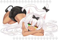 Rule 34 | 1girl, :d, animal ear fluff, animal ears, bare arms, bare shoulders, black bow, black footwear, black skirt, blush, bow, cat ears, cat girl, cat tail, clothing cutout, commission, crop top, dark-skinned female, dark skin, full body, green eyes, hair between eyes, hair bow, heterochromia, highres, open mouth, original, pleated skirt, shikito (yawa0w0), shirt, shoes, simple background, skeb commission, skirt, sleeveless, sleeveless shirt, smile, socks, solo, striped clothes, striped socks, tail, tail bow, tail ornament, tail through clothes, vertical-striped clothes, vertical-striped socks, white background, white hair, white shirt, white socks, yellow eyes