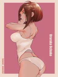 Rule 34 | 1girl, absurdres, antenna hair, arm at side, armpits, artist name, artist request, ass, back, bare shoulders, barefoot, blush, blush stickers, boku no hero academia, border, breasts, brown eyes, brown hair, camisole, character name, closed mouth, collarbone, covered erect nipples, expressionless, eyebrows, eyelashes, feet, female focus, fingers to cheeks, from side, hand on own cheek, hand on own face, hand up, highres, legs, long image, looking at viewer, medium breasts, midriff, navel, neck, panties, parted lips, pink background, shoulder blades, sideboob, sidelocks, sleeveless, spaghetti strap, standing, tall image, thighs, toes, turning head, twitter username, two-tone background, underwear, underwear only, uraraka ochako, white border, white camisole, white panties