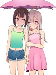 Rule 34 | 2girls, ahoge, bare arms, bare shoulders, breasts, brown eyes, brown hair, collarbone, colored inner hair, commentary, commission, dress, english commentary, flat chest, grey hair, hair between eyes, highres, holding hands, hozuki momiji, interlocked fingers, lalox, long hair, midriff, multicolored hair, multiple girls, navel, onii-chan wa oshimai!, oyama mahiro, pink dress, pink hair, pink umbrella, shared umbrella, short hair, short ponytail, short shorts, shorts, side-by-side, simple background, sleeveless, sleeveless dress, small breasts, smile, spaghetti strap, umbrella, white background, yuri