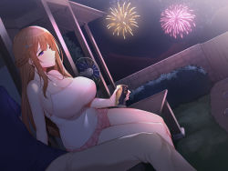 Rule 34 | alcohol, bare arms, bare legs, bare shoulders, beer, beer can, blush, braid, breasts, brown hair, can, cleavage, closed mouth, drink can, electric fan, fireworks, french braid, from side, grass, highres, holding, holding can, huge breasts, legs, long hair, looking away, miniskirt, mountain, narumi cristear note, night, original, outdoors, pink skirt, purple eyes, sidelocks, skirt, sky, sleeveless, smile, so natsu: natsu, himitsu kichi nite anata ni moichido, koi wo suru, solo focus, thighs
