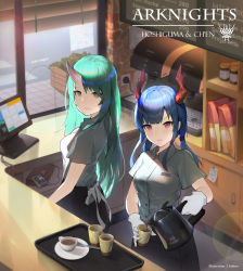Rule 34 | arknights, arm scarf, blue eyes, ch&#039;en (arknights), character name, clothes around waist, coffee, coffee cup, coffee mug, cup, disposable cup, dragon horns, green eyes, green hair, highres, horns, hoshiguma (arknights), indoors, jacket, jacket around waist, kuhnowushi, long hair, mug, single horn, toned
