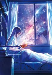 Rule 34 | 1girl, bed, bed sheet, black hair, book, brown eyes, curtains, from side, full body, galaxy, hanekoto, highres, holding, holding book, indoors, long hair, nebula, night, night sky, original, reading, shirt, short sleeves, sidelocks, sitting, sky, solo, star (sky), starry sky, white shirt, window