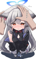 Rule 34 | 1boy, 1girl, 1other, animal ears, black dress, black jacket, blue archive, blush, breasts, brown eyes, china dress, chinese clothes, disembodied limb, dress, ear fondling, embarrassed, foreshortening, from above, full body, grey hair, headpat, highres, jacket, kokona (blue archive), long hair, looking at viewer, looking up, namaonpa, off shoulder, open mouth, pleated skirt, shoes, skirt, sleeveless, sleeveless dress, small breasts, standing, sweat, tears, tiger ears, tiger girl, very long hair, white background, white footwear, white skirt