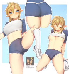 Rule 34 | 1girl, alternate costume, ass, blue background, blue shirt, blue shorts, blush, border, breasts, cameltoe, closed eyes, clothes lift, cropped legs, earrings, facing down, genderswap, genderswap (mtf), grey border, highres, jewelry, knee up, kneehighs, large breasts, link, looking at viewer, multiple views, nintendo, pointy ears, shirt, shirt lift, short sleeves, shorts, socks, sparkle, sportswear, sweat, the legend of zelda, the legend of zelda: breath of the wild, translation request, ttanuu., white footwear, white shirt, white socks
