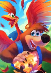 Rule 34 | :d, backpack, bag, banjo-kazooie, banjo (banjo-kazooie), bear, bird, blue eyes, blue sky, claws, cloud, cloudy sky, commentary, day, english commentary, eyelashes, firequill, grass, green eyes, happy, holding, kazooie (banjo-kazooie), looking at viewer, no humans, open mouth, outdoors, signature, sky, smile