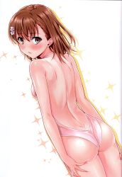 Rule 34 | 1girl, 2021, 20s, absurdres, ass, bare arms, bare shoulders, blush, breasts, brown eyes, brown hair, closed mouth, hair ornament, highleg, highleg swimsuit, highres, isshi pyuma, looking at viewer, looking back, matching hair/eyes, misaka mikoto, scan, small breasts, solo, standing, swimsuit, thighs, toaru kagaku no railgun, toaru majutsu no index