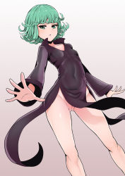 Rule 34 | 1girl, bad deviantart id, bad id, bare legs, black dress, breasts, cleft of venus, collarbone, covered navel, curly hair, drakente, dress, expressionless, green eyes, green hair, grey background, groin, highres, looking at viewer, matching hair/eyes, no panties, one-punch man, outstretched hand, partially visible vulva, pussy, pussy peek, short hair, side slit, simple background, skin tight, small breasts, solo, tatsumaki, uncensored