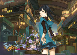 Rule 34 | 1girl, architecture, bad id, bad pixiv id, basket, black eyes, black hair, building, cowboy shot, cross-laced clothes, east asian architecture, flower, food, from behind, from side, fruit, grapes, grey eyes, highres, hood, hoodie, lace, looking at viewer, looking back, morning glory, original, short shorts, shorts, solo, task utsushita, teeth, utsu, vase