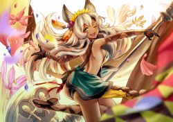 Rule 34 | 1girl, animal ears, backless outfit, black gloves, breasts, cat ears, cockadooodledoo, commentary request, erune, flower, from behind, gloves, granblue fantasy, green eyes, hair between eyes, hair flower, hair ornament, highres, long hair, looking at viewer, medium breasts, miniskirt, nemone, one eye closed, open mouth, outstretched arms, petals, photoshop (medium), revision, sideboob, silver hair, skirt, skirt set, solo, staff, standing, standing on one leg, underwear, wavy hair