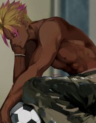 Rule 34 | 1boy, abs, baggy pants, ball, blonde hair, blue lock, blurry, blurry background, bracelet, colored eyelashes, dark-skinned male, dark skin, from side, gradient hair, green pants, hand on own face, highres, jewelry, k9mi, leaning forward, looking at viewer, male focus, multicolored hair, muscular, muscular male, pants, pectorals, pink eyes, pink hair, shidou ryuusei, smile, soccer ball, solo, squatting, topless male, twitter username, two-tone hair, upper body