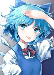 Rule 34 | 1girl, :p, arm up, blue bow, blue dress, blue eyes, blue hair, blush, bow, bowtie, cirno, commentary, dress, gradient background, grey background, hair bow, highres, ice, ice wings, kisamu (ksmz), looking at viewer, pinafore dress, puffy short sleeves, puffy sleeves, red bow, red bowtie, shirt, short hair, short sleeves, sleeveless dress, solo, tongue, tongue out, touhou, upper body, white shirt, wings