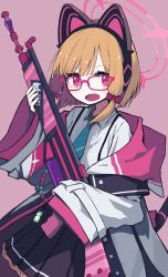 Rule 34 | 1girl, absurdres, animal ear headphones, assault rifle, battle rifle, bespectacled, blonde hair, blue archive, cat ear headphones, commentary, fake animal ears, glasses, gun, h&amp;k g3, halo, headphones, highres, jacket, looking at viewer, momoi (blue archive), necktie, open mouth, papaia (quentingqoo), red eyes, rifle, school uniform, simple background, solo, weapon