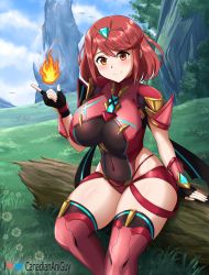 Rule 34 | 1girl, backless outfit, black gloves, breasts, canadiananiguy, chest jewel, dangle earrings, earrings, fingerless gloves, gloves, highres, impossible clothes, jewelry, large breasts, micro shorts, outdoors, pyra (xenoblade), red eyes, red shorts, red thighhighs, short hair, short shorts, shorts, skindentation, solo, swept bangs, thick thighs, thighhighs, thighs, tiara, wide hips, xenoblade chronicles (series), xenoblade chronicles 2