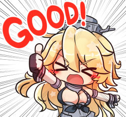 Rule 34 | &gt; &lt;, 1girl, asimo953, blonde hair, blush, breasts, chibi, closed eyes, fingerless gloves, front-tie top, gloves, headgear, iowa (kancolle), kantai collection, large breasts, long hair, looking at viewer, open mouth, simple background, smile, solo, thumbs up, white background