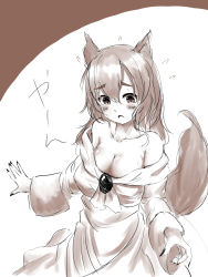 Rule 34 | 1girl, animal ears, bad id, bad pixiv id, bare shoulders, blush, breasts, brooch, cleavage, collarbone, dress, female focus, fingernails, flying sweatdrops, highres, imaizumi kagerou, jewelry, large breasts, looking at viewer, monochrome, open mouth, pyonsuke (pyon2 mfg), sharp fingernails, simple background, sketch, solo, strapless, strapless dress, tail, touhou, upper body, white background, wolf ears, wolf tail
