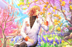 1boy, animal print, black pants, building, butterfly print, cherry blossoms, chinese clothes, day, embroidery, eyes closed, falling petals, feet out of frame, floral print, flower, flower request, game cg, garden, hair between eyes, hand on own thigh, highres, holding, holding flower, hyacinth, jacket, jinguuji ren, lens flare, leopard print, light particles, medium hair, official art, orange flower, orange hair, pants, parted lips, peach blossom, petals, pink flower, purple flower, red flower, sitting, smelling flower, sunlight, tangzhuang, third-party source, tree, uta no prince-sama, uta no prince-sama: shining live, white flower, white jacket, wisteria, yellow flower