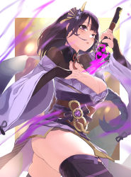 Rule 34 | 1girl, absurdres, bare shoulders, braid, breasts, cleavage, detached collar, genshin impact, hair ornament, highres, japanese clothes, kimono, large breasts, long hair, long sleeves, looking at viewer, low-braided long hair, low-tied long hair, mole, mole under eye, obi, off shoulder, okoru ringo, purple eyes, purple hair, purple kimono, purple thighhighs, raiden shogun, sash, solo, thighhighs, thighs, wide sleeves