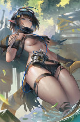 Rule 34 | 1girl, absurdres, arknights, bandeau, bare shoulders, black hair, blue eyes, breasts, day, eunectes (arknights), flask, gloves, goggles, goggles on head, highres, jiam009, looking afar, medium breasts, outdoors, pointy ears, scarf, short hair, snake tail, solo, strapless, tail, thigh strap, thighs, torn clothes, tube top, underboob, wet