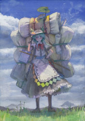 Rule 34 | 1girl, alternate hair length, alternate hairstyle, backpack, bag, blue hair, boots, clipboard, cross-laced footwear, female focus, fingerless gloves, food, frills, frog, fruit, gloves, graphite (medium), grass, hand on own hip, hat, hinanawi tenshi, knee boots, lace-up boots, lily pad, misawa hiroshi, painting (medium), peach, red eyes, short hair, sidelocks, solo, standing, touhou, traditional media, watercolor (medium)