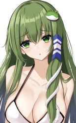 Rule 34 | 1girl, 7saki, :o, bad id, bad pixiv id, bare shoulders, bikini, breasts, chestnut mouth, cleavage, collarbone, frog hair ornament, furrowed brow, green eyes, green hair, hair between eyes, hair ornament, hair tubes, head tilt, highres, kochiya sanae, large breasts, light blush, long hair, looking to the side, parted lips, sidelocks, simple background, snake hair ornament, solo, swimsuit, touhou, upper body, very long hair, white background