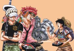 Rule 34 | 3boys, abs, alternate universe, bird, chest tattoo, clenched hand, clenched hands, devil fruit, disguise, eating, eustass kid, food, fur trim, hat, highres, holding, holding food, holding sword, holding weapon, looking at another, looking at viewer, mechanical arms, monkey d. luffy, multiple boys, muscular, oda eiichirou (style), official style, one piece, onigiri, parrot, pectorals, riku (rikuw223xx), scar, serious, sheath, sheathed, single mechanical arm, smile, straw hat, sword, tattoo, teeth, trafalgar law, weapon