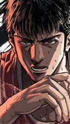 Rule 34 | 1boy, basketball uniform, brown eyes, brown hair, close-up, commentary request, highres, looking ahead, male focus, mitsui hisashi, open mouth, red light, short hair, sideburns, slam dunk (series), solo, sportswear, sweatdrop, tobo katsuo