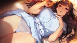 Rule 34 | 1girl, bare legs, bed, bed sheet, black hair, blush, bow, breasts, cameltoe, clothes lift, collared shirt, dress, dress lift, game cg, hamashima shigeo, hand on own chest, jewelry, large breasts, legs, long hair, looking at viewer, lying, on back, on bed, ootori yuriko, original, panties, parted lips, pillow, purple eyes, ring, see-through, shinsou noise: jushin tantei no jikenbo, shirt, short sleeves, skirt, skirt lift, solo, sweat, thighs, underwear, white panties