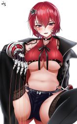 Rule 34 | 1girl, black thighhighs, blush, boots, breasts, choker, claws, cleavage, fangs, hair between eyes, highres, janghwa (last origin), jungtong, last origin, looking at viewer, midriff, mole, mole under eye, navel, open mouth, purple eyes, red hair, short hair, short shorts, shorts, signature, simple background, sitting, solo, tattoo, thigh boots, thighhighs, underboob, white background
