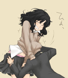 Rule 34 | amagami, angry, black hair, blush, closed eyes, curly hair, embarrassed, head under another&#039;s clothes, head under shirt, messy hair, midriff, navel, panties, pink panties, school uniform, short hair, sinsan, sweater, tanamachi kaoru, under another&#039;s clothes, under shirt, underwear, wavy hair