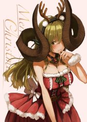Rule 34 | 159cm, 1girl, animal ears, antlers, bell, breasts, brown eyes, cleavage, closed mouth, curled horns, dress, fingernails, glan (159cm), green hair, green nails, highres, horns, large breasts, long hair, looking at viewer, multicolored nails, nail polish, neck bell, original, red dress, red nails, santa dress, smile, solo