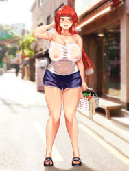Rule 34 | 10million, 1girl, arm up, bare shoulders, basket, blue shorts, blunt bangs, blurry, blurry background, bottle, breasts, building, cleavage, covered erect nipples, covered navel, highres, holding, holding basket, korean commentary, large breasts, last origin, long hair, looking at viewer, mole, mole under eye, nipples, orange hair, outdoors, red eyes, see-through, short shorts, shorts, slippers, solo, standing, strap slip, sweat, tank top, thighs, towel, wet, wet clothes, white tank top