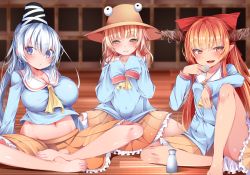 Rule 34 | 3girls, alcohol, alternate breast size, alternate costume, ascot, barefoot, blonde hair, blue eyes, blue shirt, blunt bangs, blush, bow, breasts, brown eyes, brown headwear, buta (uhoiiotoko), cleavage, closed mouth, commentary request, covered navel, eyes visible through hair, fang, feet, frilled skirt, frills, full body, grin, hair between eyes, hair bow, hat, highres, horns, ibuki suika, indian style, indoors, kindergarten uniform, large breasts, long hair, long sleeves, looking at viewer, looking to the side, medium hair, mononobe no futo, moriya suwako, multiple girls, navel, open mouth, orange hair, pleated skirt, red bow, sake, shiny skin, shirt, sidelocks, sitting, skin fang, skirt, sleeves past wrists, small breasts, smile, tate eboshi, tight clothes, tight shirt, tongue, touhou, very long hair, wariza, white hair, wooden floor, yellow ascot, yellow eyes, yellow skirt