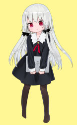 Rule 34 | 10s, 1girl, ama-tou, bolo tie, collar, dress, full body, hair ribbon, legs apart, light smile, long hair, long sleeves, no shoes, pantyhose, ribbon, silver hair, simple background, sleeve cuffs, solo, sophie twilight, standing, tablet pc, tonari no kyuuketsuki-san, tress ribbon, very long hair, yellow background